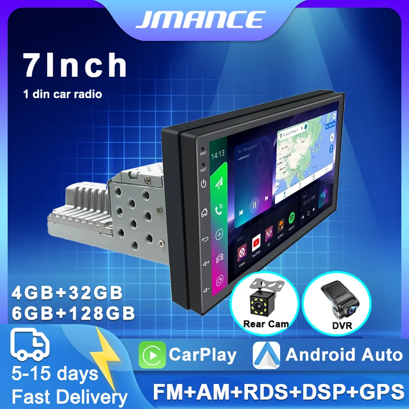

JMANCE 1DIN FM 7 Inch Adjustable Car Radio Android Touch Screen 1080P Car Stereo Radio Player Quad-Core GPS Navigation WiFi