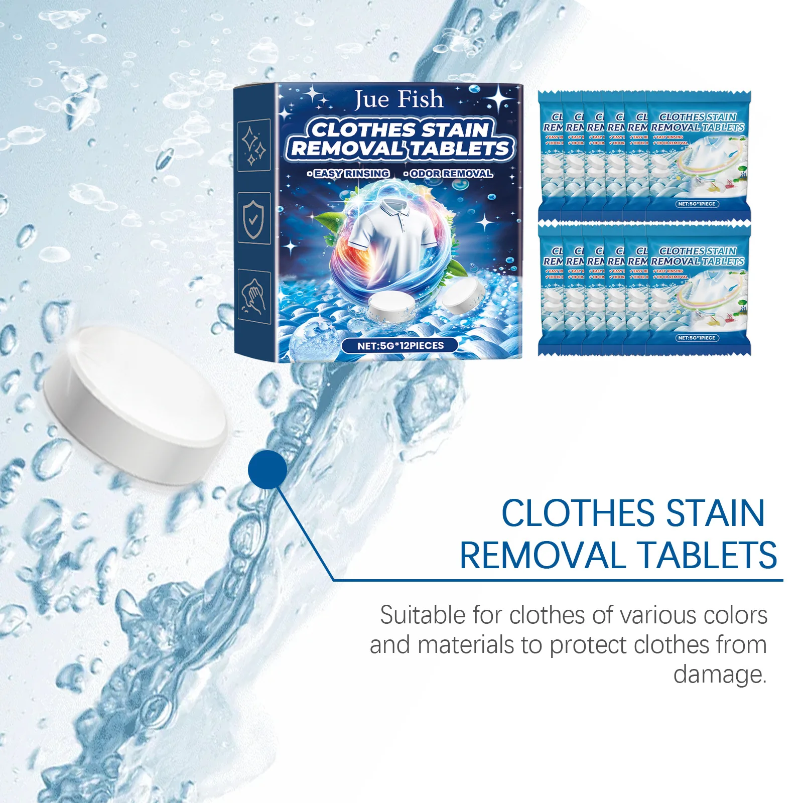 Jue-Fish 12pcs Fabric Stain Removal Tablets Stubborn Dirt Oil Clean Bleach Clothes Decontamination Clothing Cleaning Tablets