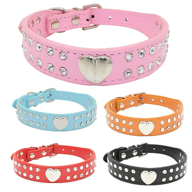Dog Collar Pet Collar Bling Rhinestone Pet Dog Collar Peach Heart Studded Puppy Cat Leather Necklace For Small Medium Dogs Cats Chihuahua Teddy Yorkie