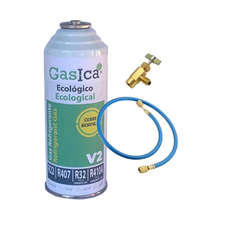 1 Bottiglia Di Gas Organico Gas V2 226Gr + Valvola + Tubo Sostitutivo R22, R32, R407C, R410A Freeze Organic