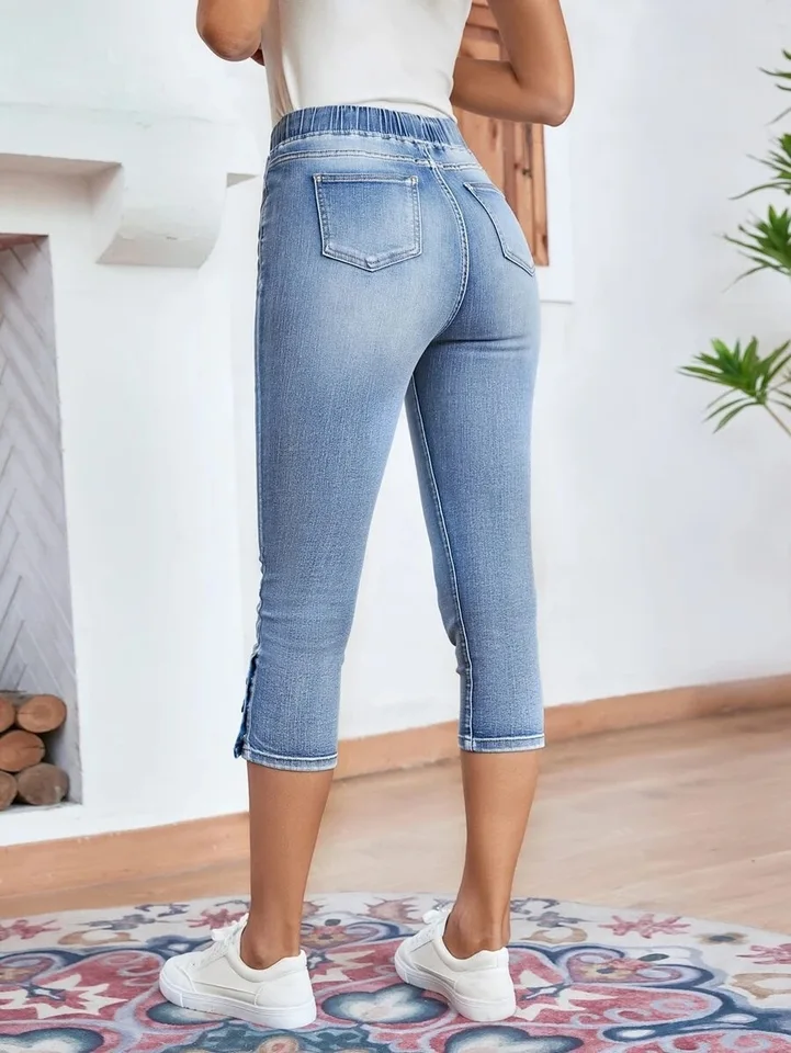 Jeans Da Donna A Vita Alta, Elasticizzati, A Vita Alta, Blu Con Fori, Casual Blu S - Foto 7