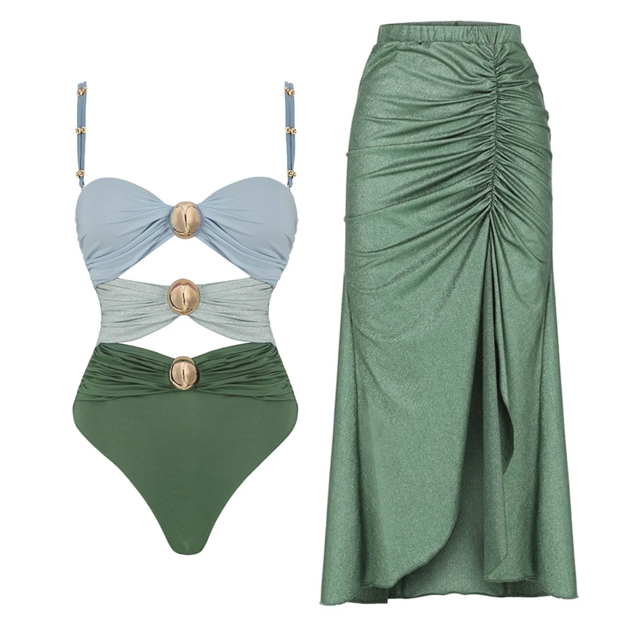 2024 New Color Block Cutout Shiny Texture One Piece Swimsuit and Sarong Vacation Swimwear Women Beachwear Bathing Suit