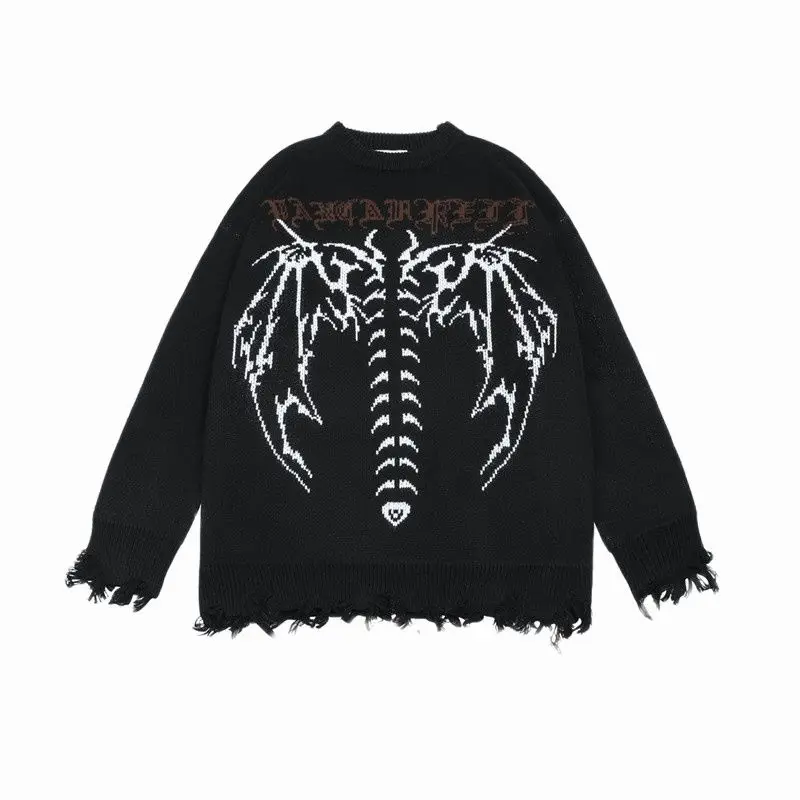 Bat Pullovers Skeleton Sweater Knitted Vintage Torn Essentials Men's Clothing Oversized Skull Jumper Women's Harajuku Gothic