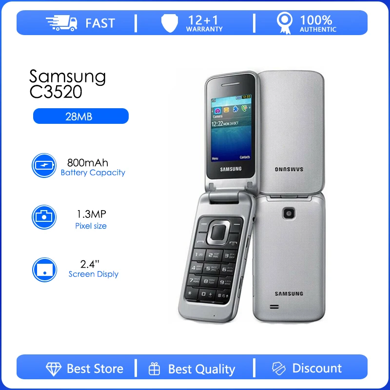 

Samsung C3520 Refurbished-Original Unlocked 1.3MP Camera GSM 2G Support Flip Cell Phone One Year Warranty