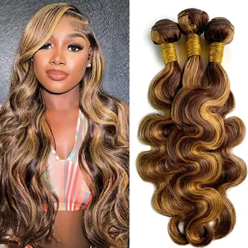 P4/27 Highlight Human Hair Bundles Body Wave Bundles Human Hair 18 20 22Inch Human Hair Body Wave Bundles Ombre Brown Bundles 1