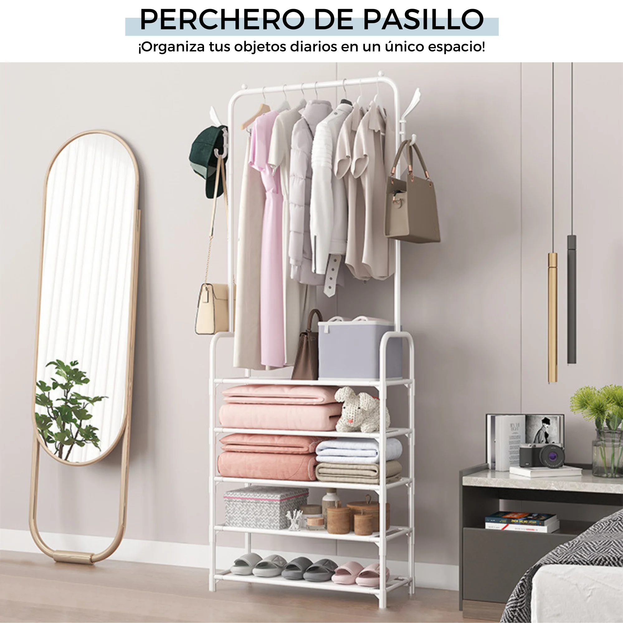 Hallway rack with shoe Entrance rack with top bar, hooks