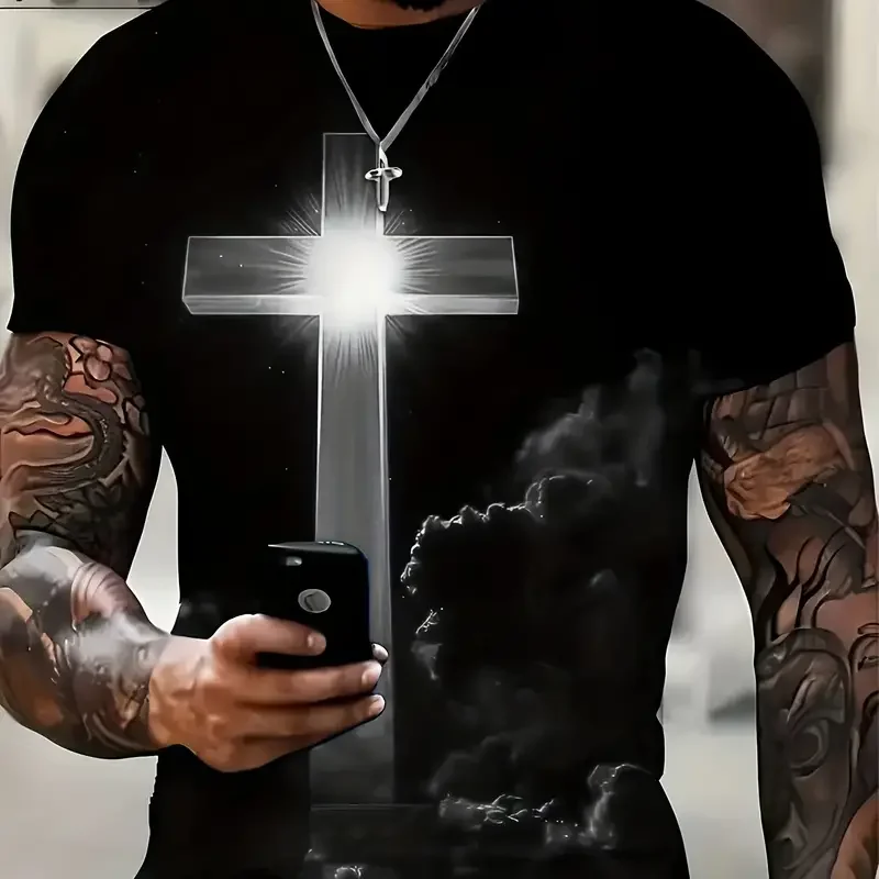 Camiseta masculina Jesus Cross estampada em 3D, Vintage, Harajuku Street Tops, T respirável, extragrande, camiseta esportiva, roupa casual 6 A79366771abba49fcb3f094ad6a60540c4