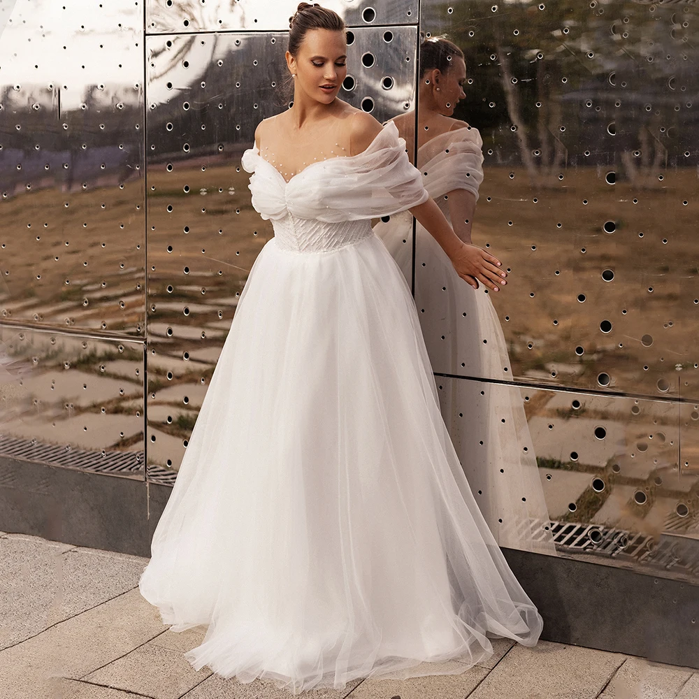 

Weilinsha Off the Shoulder Wedding Dress Plus Size Elegant Illusion Scoop with Pearls Button Back Court Train Bridal Gown 2023