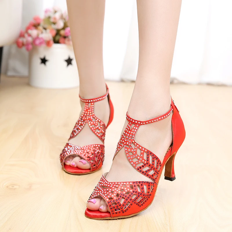 Ladies Black Nude Red Crtystal Latin Dance Shoes for Woma T-strap Ballroom Salsa Tango Shoes for Wedding Party 3inch Heel