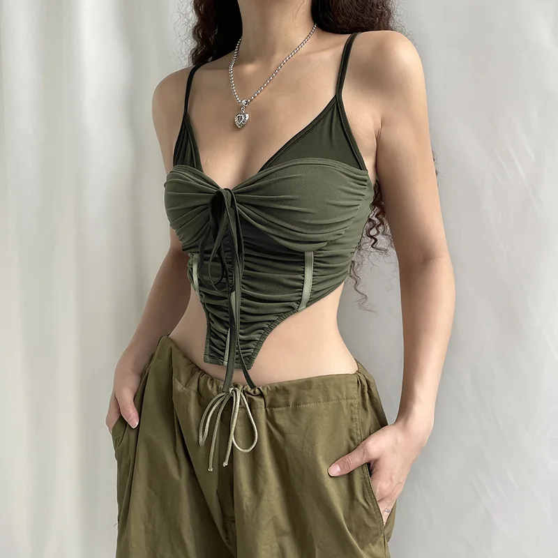 

2022 new sling Hem Tight Pleated Green American Retro Self-Confidence Sexy Avant-Garde Summer Cool Mature Feminine Women's Vest