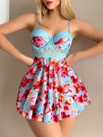 Women's Lace Underwire Floral Babydoll Nightgown Flowy Lingerie Dress and Thong Set - Image 3