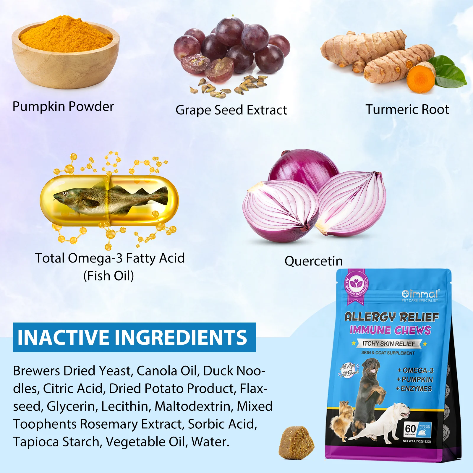 Dog Allergy Relief Chews Anti-Itch Skin & Coat Supplement Omega 3 60 Relief Treatment Pills Pumpkin Enzymes Peking Duck Flavor