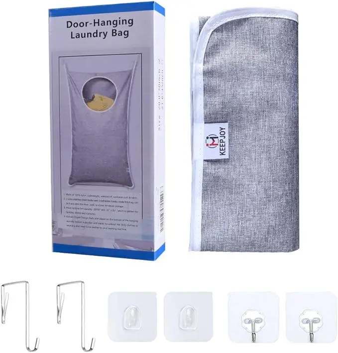 Hanging Laundry Hamper Bag with Adjustable Stainless Steel Door Hooks, 2-Pack Suction Cup Hooks, Ideal for Holding Dirty Clothes 6