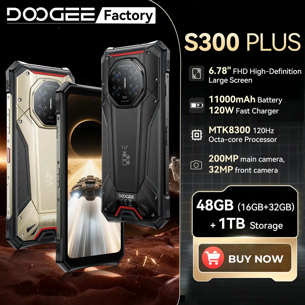 Version globale du DOOGEE S300 Plus 5G, téléphone robuste 6,78" avec intelligence artificielle Gemini, éclairage LED, processeur Dimensity 8300, 48 Go + 1 To, batterie 11 000 mAh, smartphone Android 16