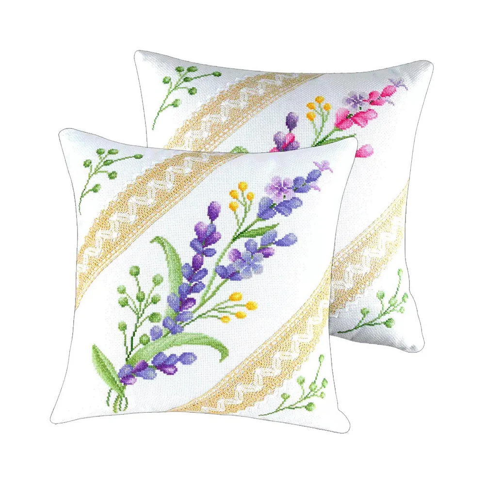 Wild Flower Lavender Stamped Cross Stitch Cushion Cover Floral Embroidery Kit Throw Pillow Set,Purple Pink Wildflower, 18inch