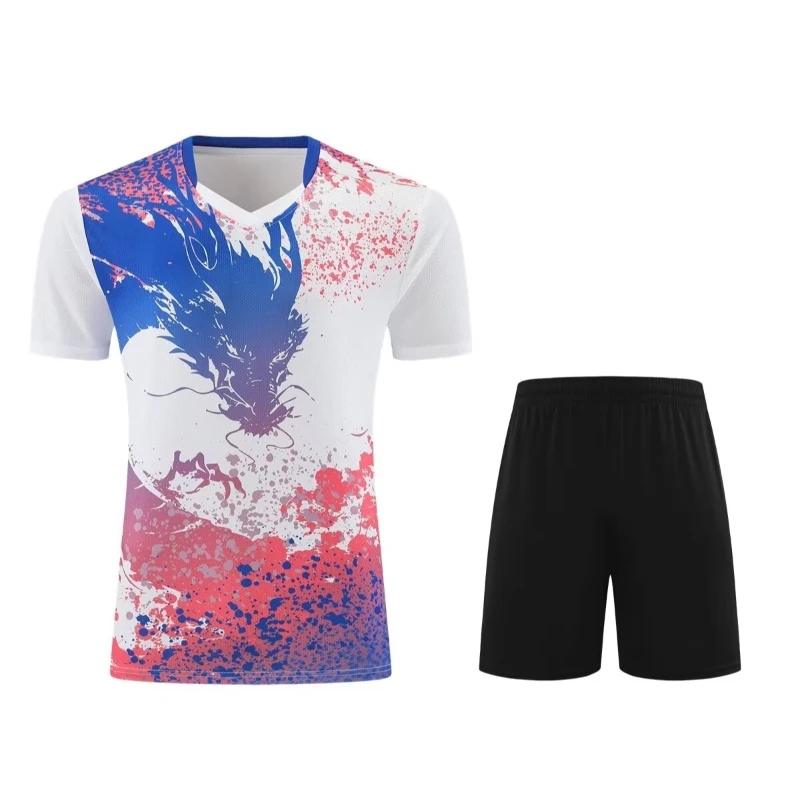 Summer Men Women Dragon Print Badminton Table Tennis Sport Suits 2 Pcs Shirt And Shorts 3D Print Training Set sports wear set
