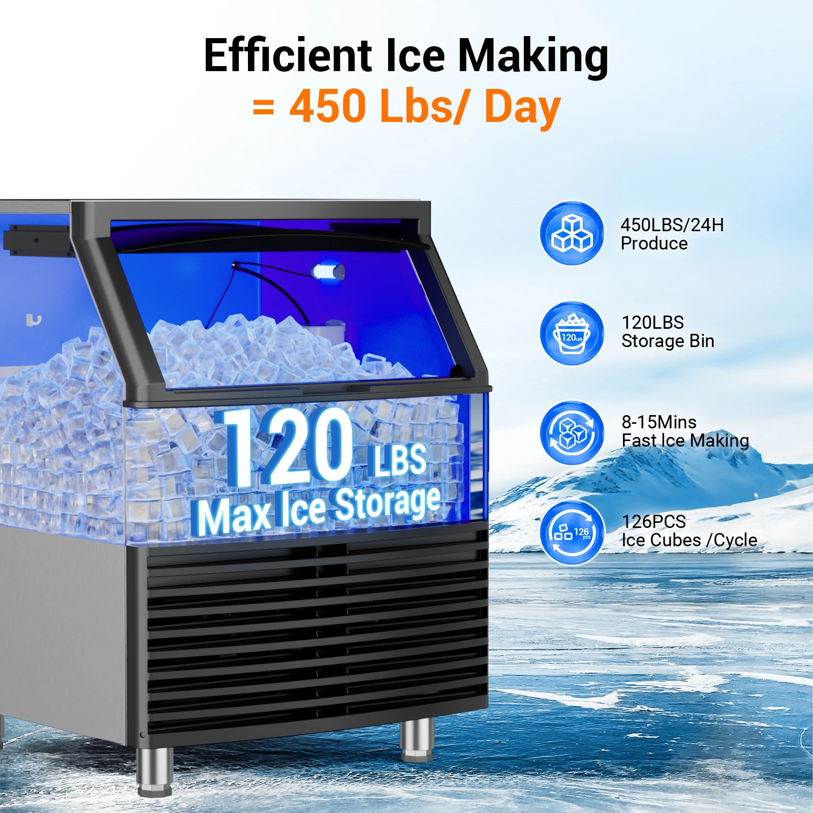 Commercial Ice Maker Machine 450LBS/24H Under Counter Ice Machine Upgrade Compressor 120LBS Storage Bin Freestanding Ice Maker 2