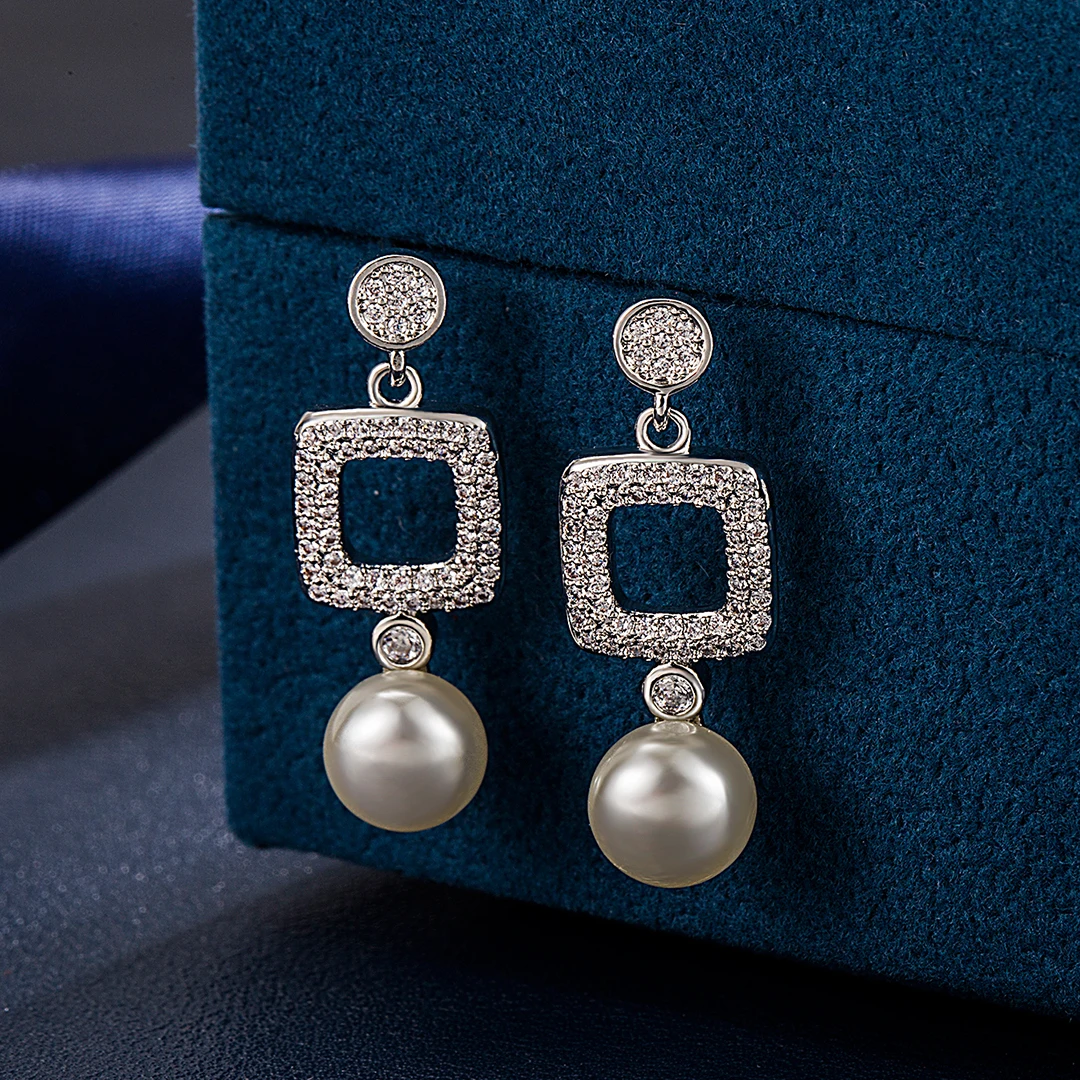 

New 2024 Trendy Square Shape Drop Earrings Brilliant Bridal Engagement Wedding Jewelry Elegant Pearl Dangle Earring Quality Gift