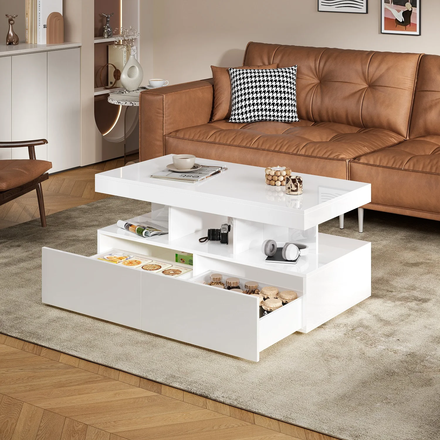 Table basse brillante avec éclairage LED RVB, table basse moderne avec 2 tiroirs, table d'appoint avec espace de rangement, 104 x 46 x 53 cm 1 Table basse brillante avec éclairage LED RVB, table basse moderne avec 2 tiroirs, table d'appoint avec espace de rangement, 104 x 46 x 53 cm 1