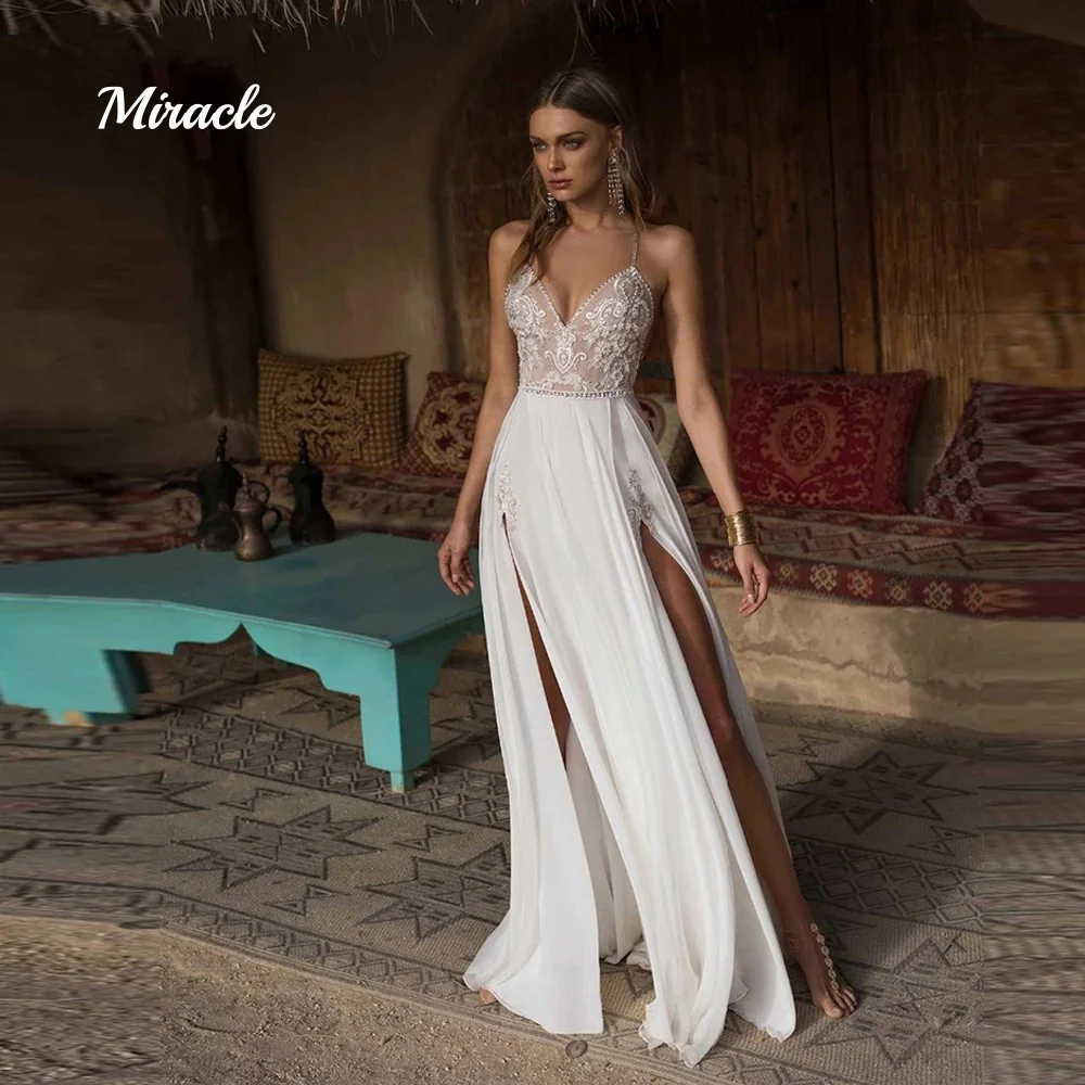 

Boho V-Neck A-Line Wedding Dresses Spaghetti-Strap Bridal Gown Sexy Split-Front Bride Robe Backless Criss-Cross Vestido De Novia