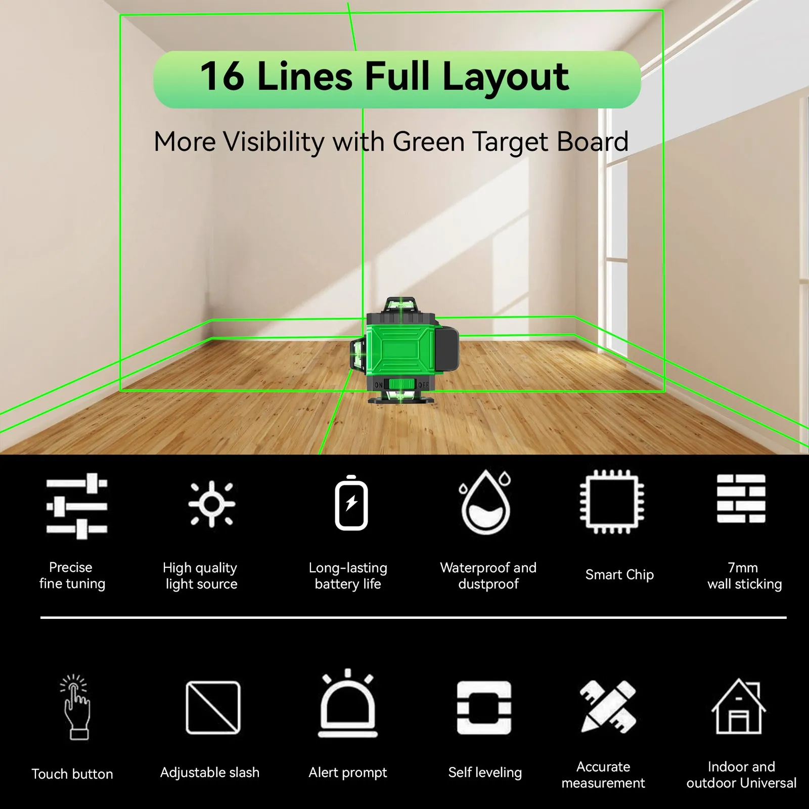 Laserová vodováha vytvářející jasné svislé zarovnávací čáry