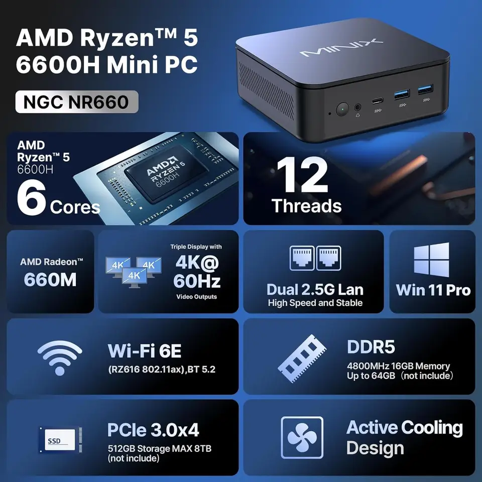 MINIX NGC-NR660 Mini PC AMD Ryzen5 6600H 16GB 512GB Windows 11 pro