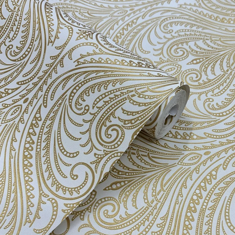 Bedroom or Living Room Wall Decoration Wall Paper Gold and white Luxury Damask Embossed Texture Vinyl Wallpaper Roll - Washable