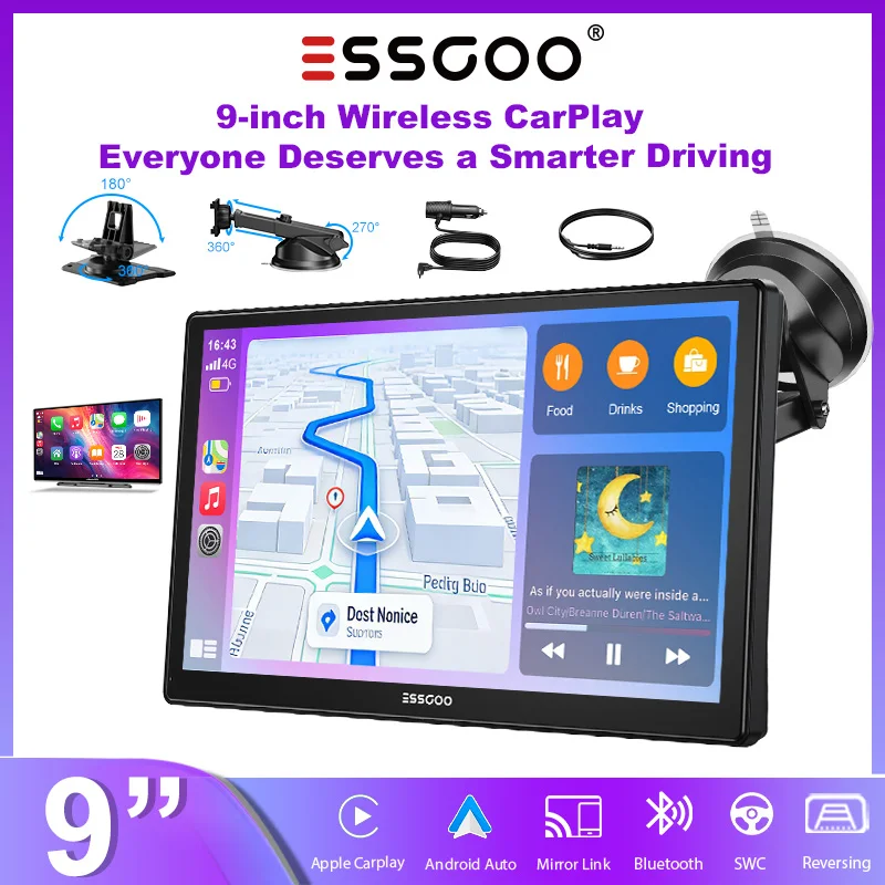 ESSGOO Radio estéreo universal para coche con pantalla táctil IPS de 9 pulgadas, Carplay portátil, Android Auto, Mirror Link, AUX, FM, USB, Bluetooth, control del volante 1