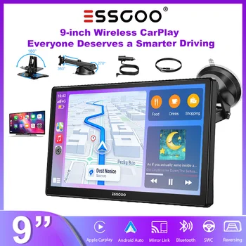 ESSGOO Radio estéreo universal para coche con pantalla táctil IPS de 9 pulgadas, Carplay portátil, Android Auto, Mirror Link, AUX, FM, USB, Bluetooth, control del volante 1