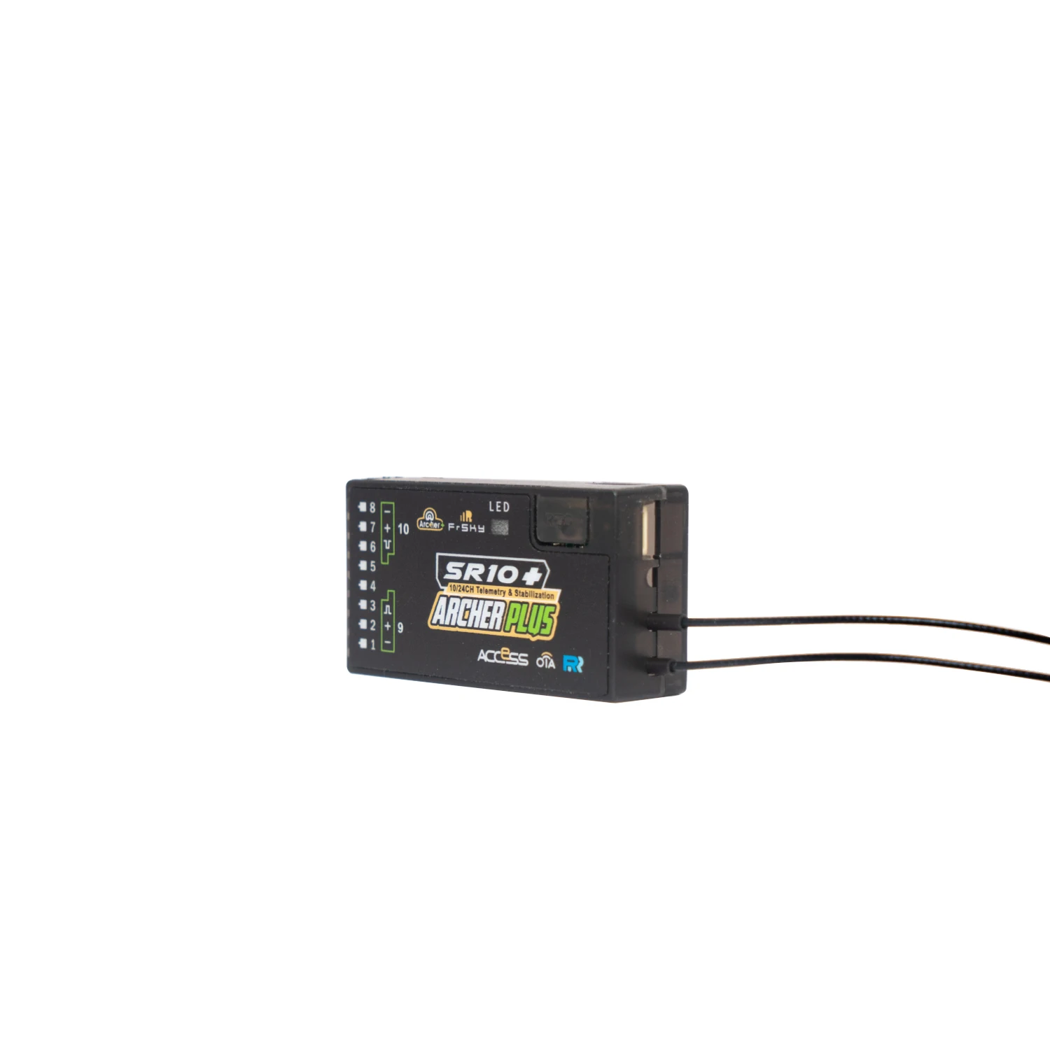 Récepteur FrSky Archer SR10 Plus avec gyroscope, 10 canaux, posé sur une surface avec antennes déployées, prêt pour l'installation.