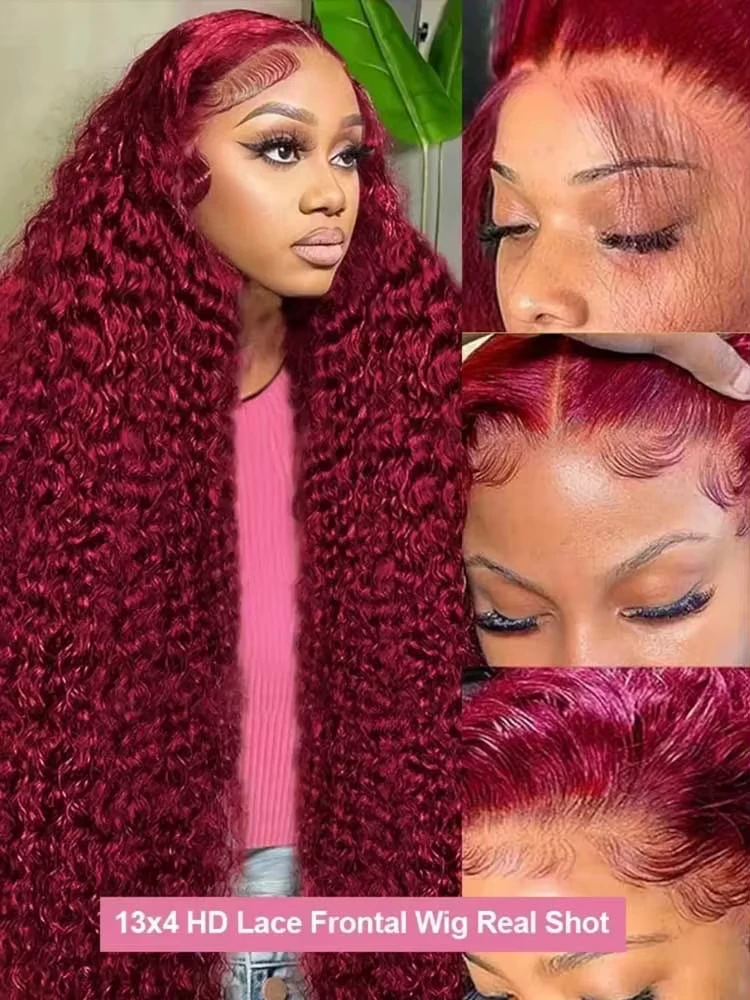 30 Inch13x4 99J Burgundy HD Lace Frontal Human Hair Wig Pre-Plucked Transparent Lace Red Curly Deep Wave Frontal Wig For Women 3