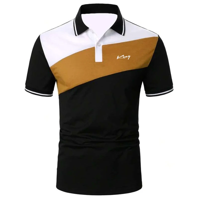 Man wearing a short sleeve color block polo shirt with button-up front, standing outdoors in bright sunlight with relaxed confidence black