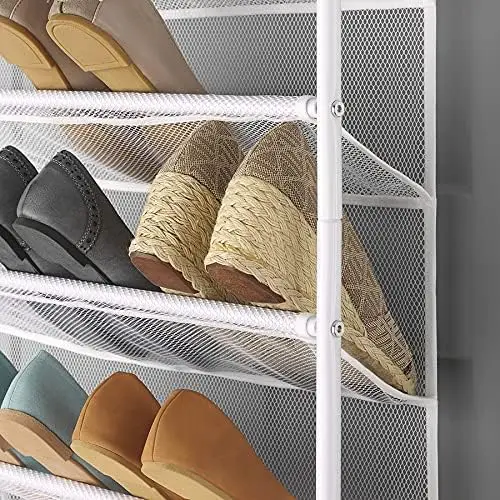 White over-the-door shoe organizer. Holds 36 pairs, metal and mesh design. Space-saving and durable. 4