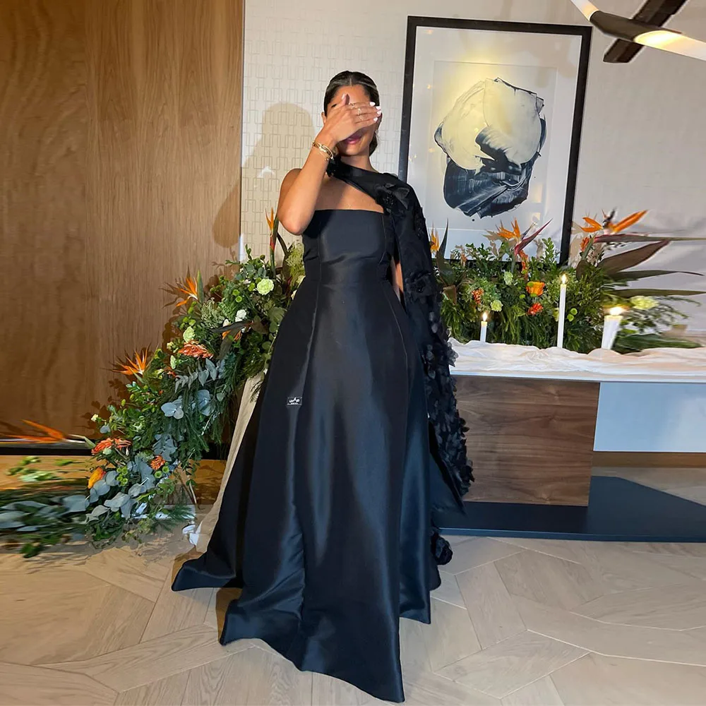 

Elegant Prom Gown for Women A-line Strapless 3D Appliques Shawl Floor-Length Modern Evening Party Dresses فساتين مناسبة رسمية