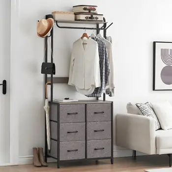 6-Drawer Wardrobe, Adjustable Multi-functional Clothes Storage Cabinet With Metal Frame and Wooden Top For Bedroom Hallway