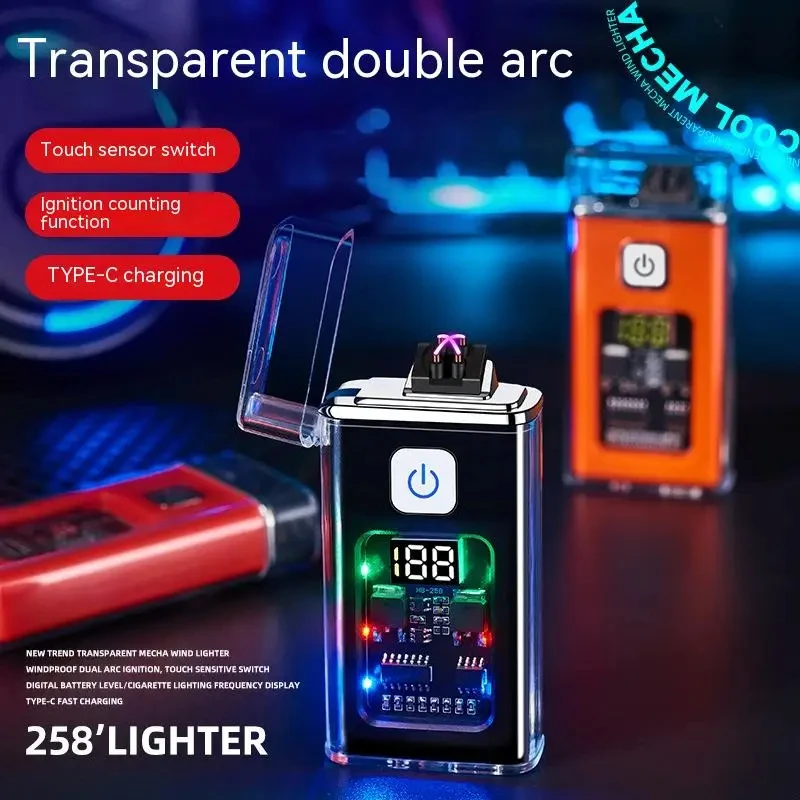 

Transparent Mech Windproof Pulse Ignition Dual Arc Type-C Rechargeable Lighter Touch Sensing Digital Display Power Gadgets