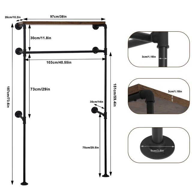 Appendiabiti da parete per guardaroba, tubo in acciaio, appendiabiti industriale con mensola sospesa in MDF per guardaroba, camera da letto 6