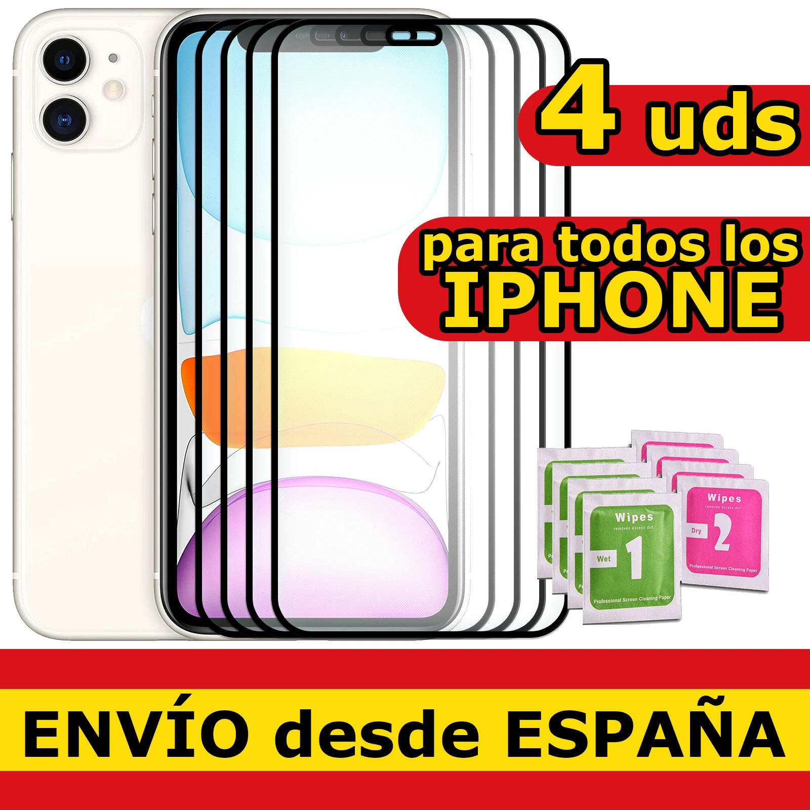 Pellicola Vetro Temperato Per Iphone 14/13/12/11/Xs/Xr/X/Se/8/7/6S/6/Plus/2020/2022/Pro/Max/Mini Protezione Nero 100% Completo, 4 Pezzi