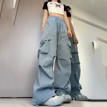 Women Y2K Cargo Pants High Waist Streetwear Hip Hop Trousers Female Big Pockets Casual Low Waist Drawstring Baggy Sweatpants 1