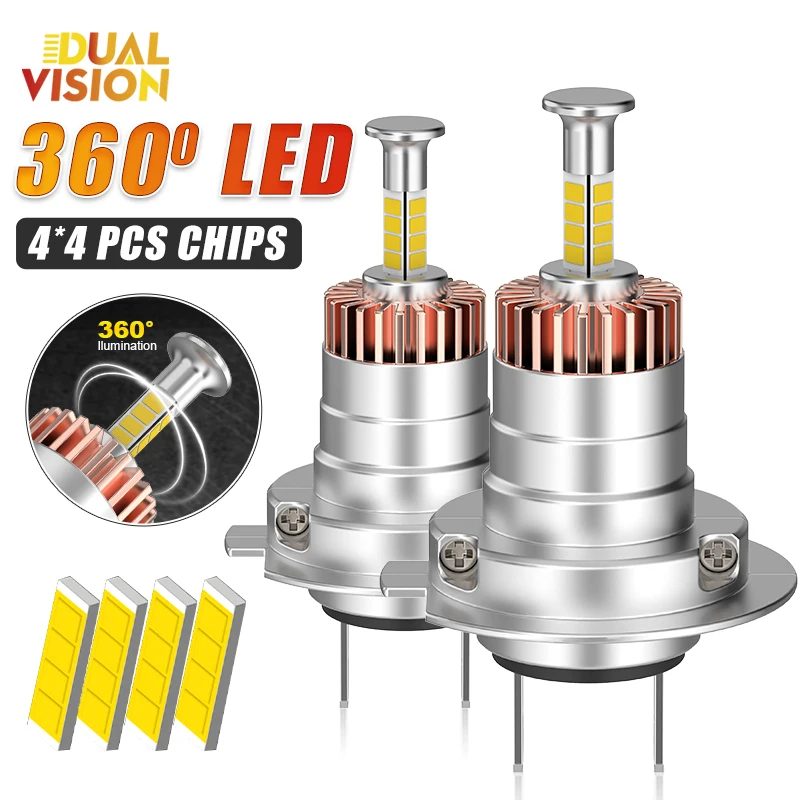 360 H7 LED Headlight Bulb Canbus Mini Wireless 1200W 6000K 4 Sides CSP ...