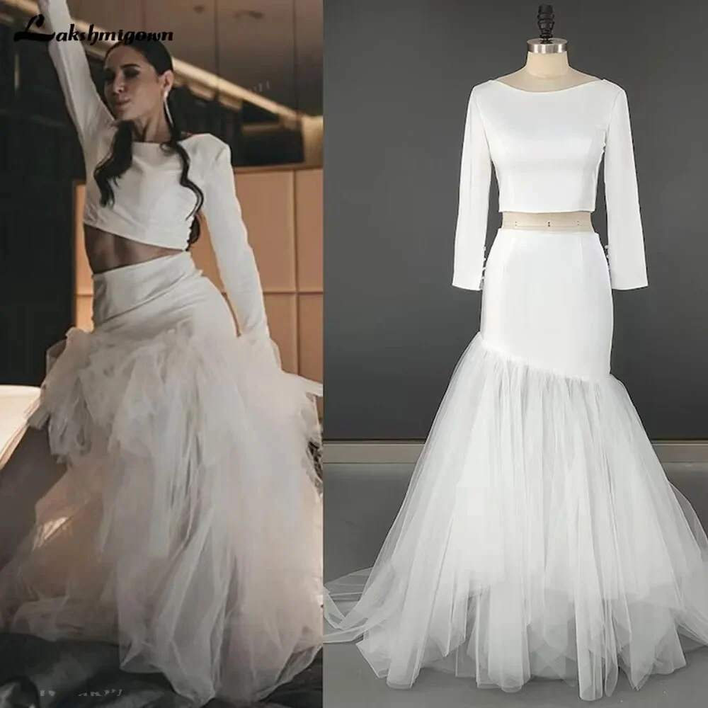 

Sexy Boat Neck Modern Long Sleeves Two Piece Wedding Dress Mermaid Buttons Back Fluffy Tulle Skirt Wedding Gowns Wedding Bridal