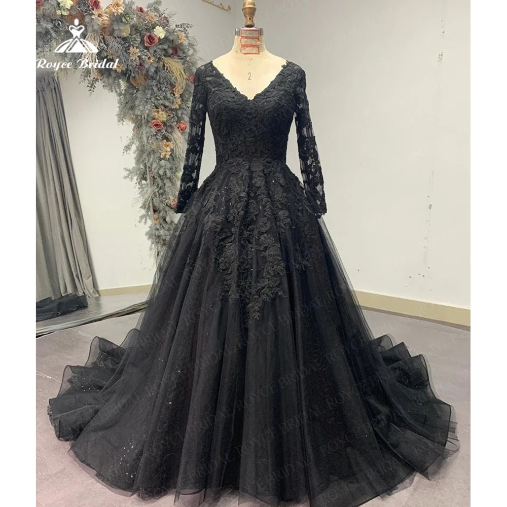 

Plus Size Black Lace Wedding Dresses For Women 2023 V Neck Ball Gown Long Sleeve Brides Grown Appliques Lace Up Robe De Mariee