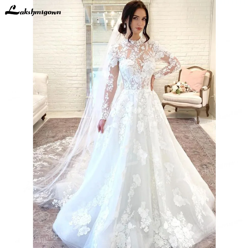 

Elegant High Neck Full Sleeve Wedding Dress Long Sleeves Lace Appliques A-Line Bride Gown Zipper Wedding Party Gown Sukienka
