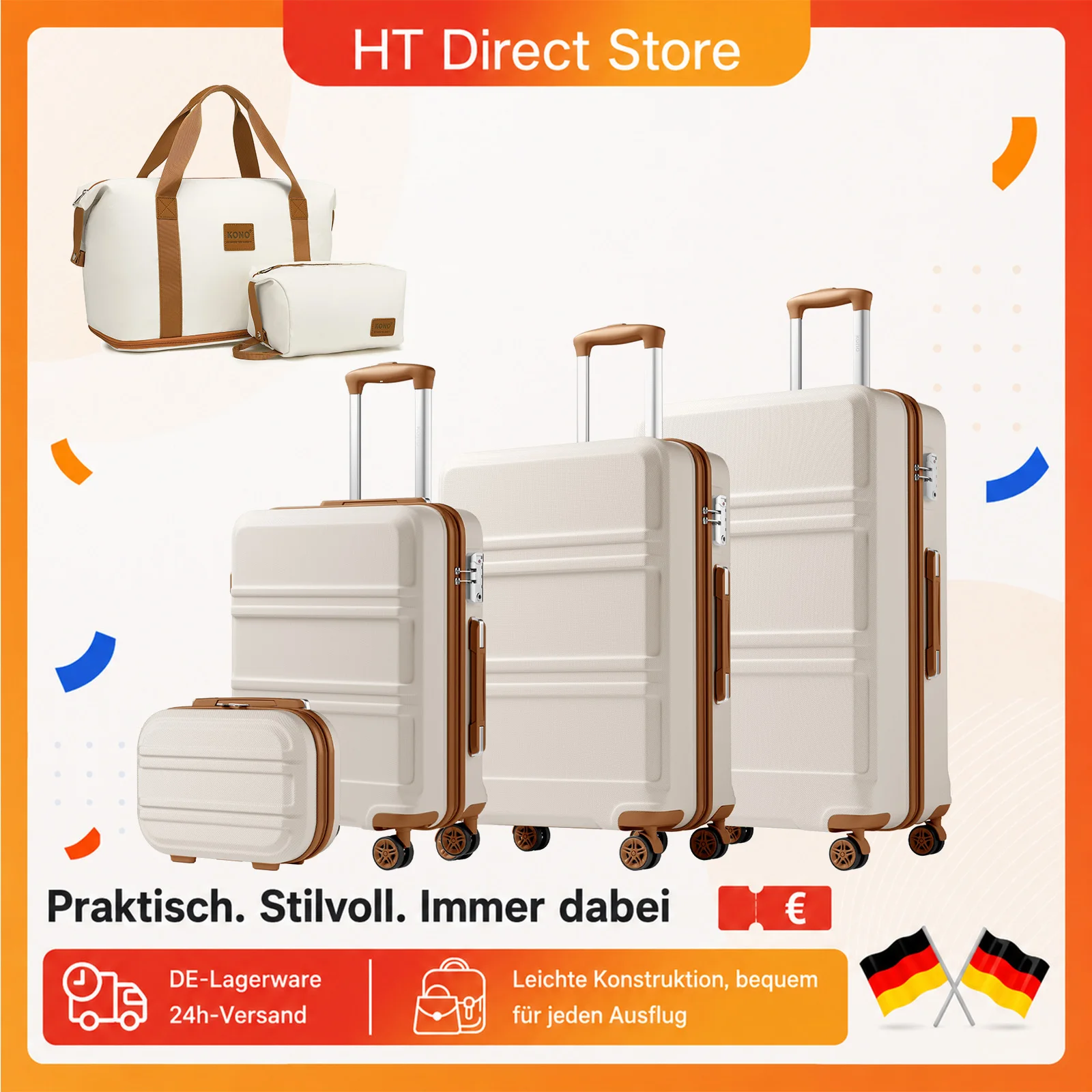 Valise trolley KONO ABS + PC 4 roues jumelles avec serrure TSA (2/4/6 pièces) – Coque rigide légère