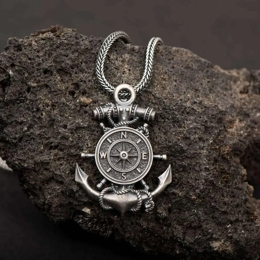 

925 Sterling Silver Men's Necklace with the Theme of a Ship's Wheel Engraved on Anchor