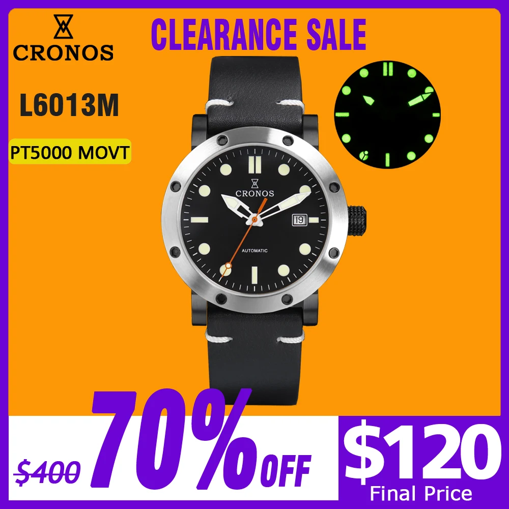 

Мужские часы Cronos PVD из голубой нержавеющей стали, механические, PT5000, прозрачная задняя сторона, черный кожаный ремешок L6013