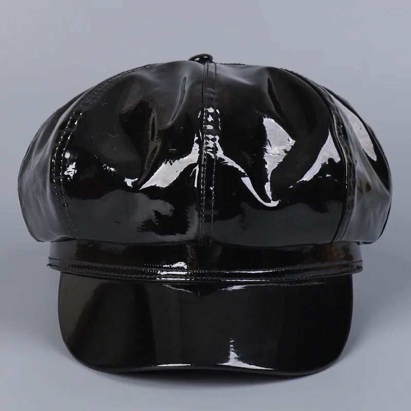 Women Solid Winter Cap Faux Leather Newsboy Hat Flat Hat Cabbie Beret Lady Fashion Octagonal