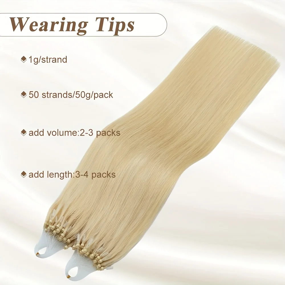Micro Loop Hair Extensions Human Hair LinksPre Bonded Cold Fusion Tipped Fish Line For Women Straight #613 Blonde 50g/Pack