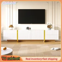 Шкаф под телевизор Comanlai 190 см, 3 двери, 2 ящика, белый с золотым и текстурой дерева