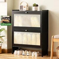Shoe Cabinet with 2 Natural Rattan Doors Large Capacity Shoe Storage Rack Living Room Entryway Heels Shoes Slippers Organizer 1